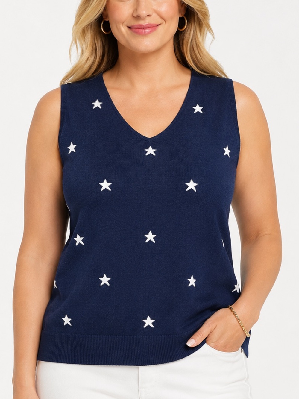 Belle by Kim Gravel QVC Navy Star Print Sweater Tank Top Large Preppy Americana